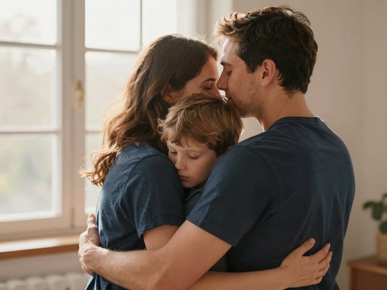 A quiet moment of a family (mother, father, child) embracing in a sunlit home, warm blush and navy tones, intimate framing, shallow depth of field.