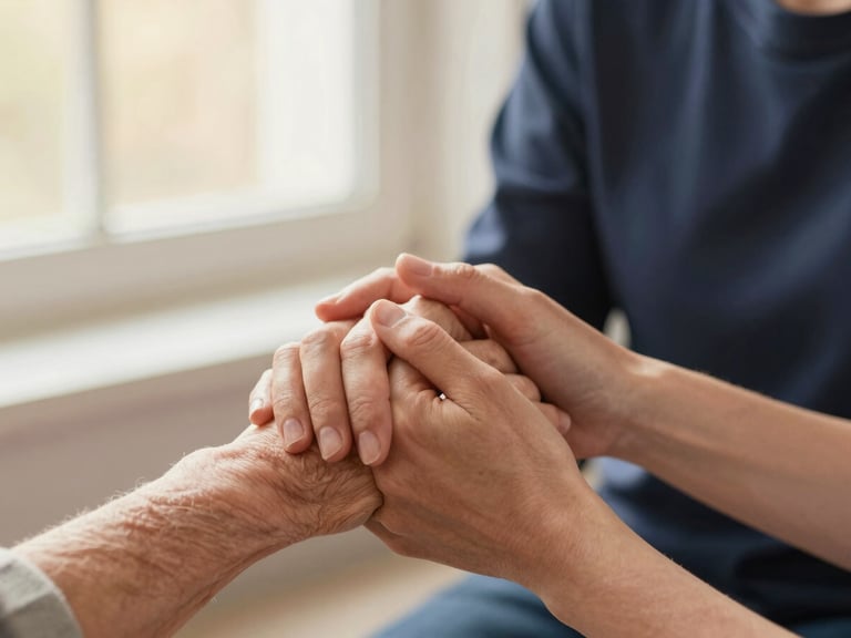 Close-up of a woman's hands gently holding an older woman's hand, soft diffused daylight, warm and comforting atmosphere, shallow depth of field.