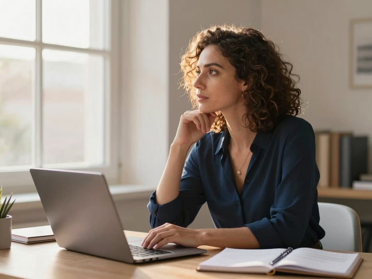 A diverse working woman looking thoughtfully out a window in a bright home office, soft golden-hour light, a laptop and planner on her desk, shallow depth of field.