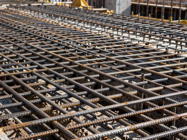 Close-up of a dense rebar grid on a construction site, steel reinforcement bars intersecting at precise intervals, concrete formwork panels visible in the background, natural daylight from above casting sharp shadows across the structural lattice, no workers, no signage
