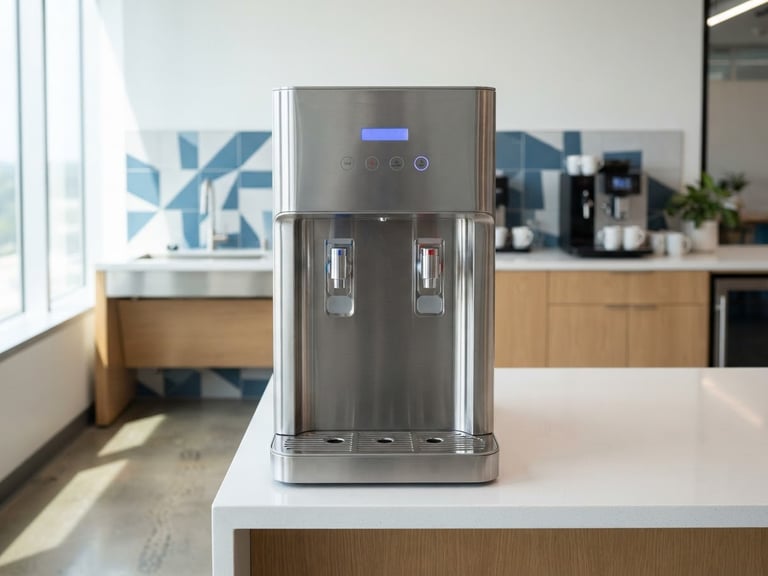 Straight-on medium shot of a sleek stainless steel bottleless water cooler in a modern well-lit office breakroom, clean blue and silver tones, sharp focus, 35mm lens