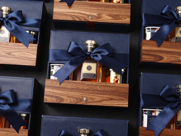 Overhead flat-lay of a luxury corporate gift hamper with high-texture materials like leather, wood, and silk ribbons, featuring a premium spirit bottle and gourmet items.