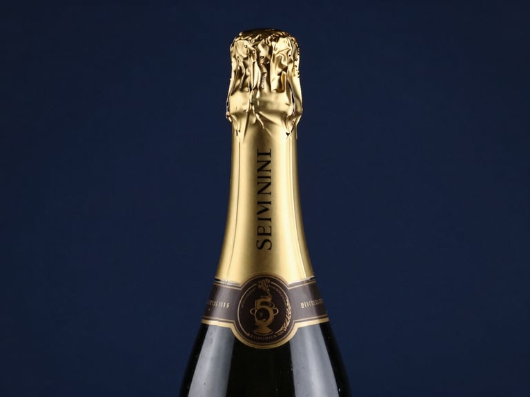 Macro shot of a premium champagne bottle neck with gold foil, elegant studio lighting, subtle reflections on glass, deep navy background, sharp focus, 50mm