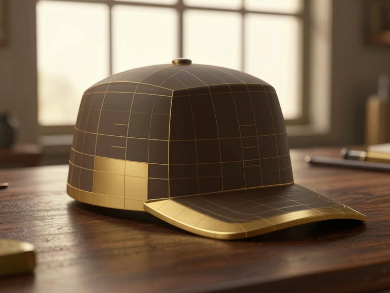 A high-fidelity 3D CAD render of a hat block showing precise wireframes and solid forms, gold and dark brown tones