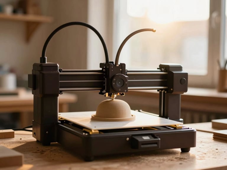 A clean modern 3D printer in a woodworking shop, printing a precise hat block model, warm side-lighting