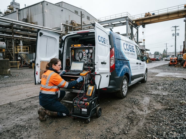 COEIE Engineering Services branded diagnostic vehicle parked on an industrial site, engineer in high-visibility gear reviewing equipment, overcast Pacific Northwest daylight, crisp focus.