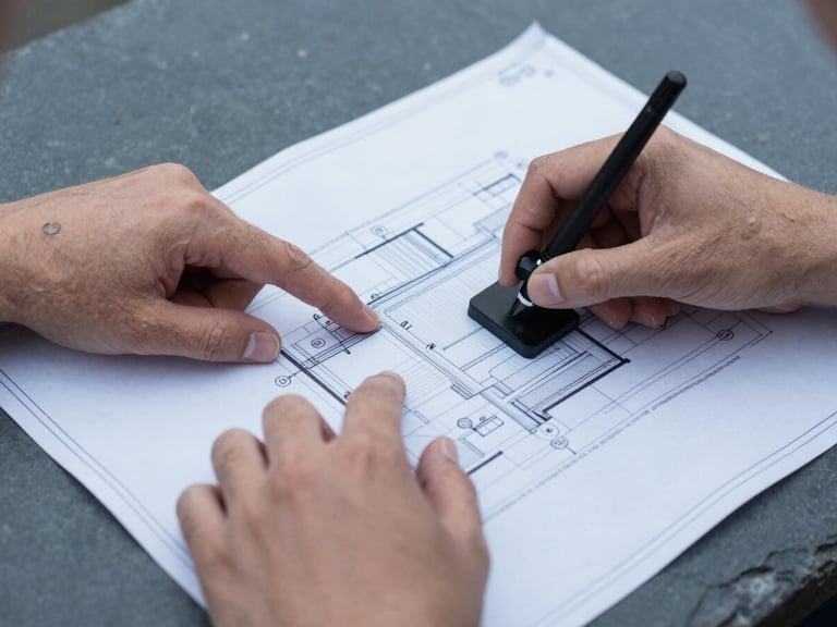 Close-up of an engineer reviewing a technical blueprint with a PE stamp, hands pointing to details, cool slate and blue tones, sharp focus.