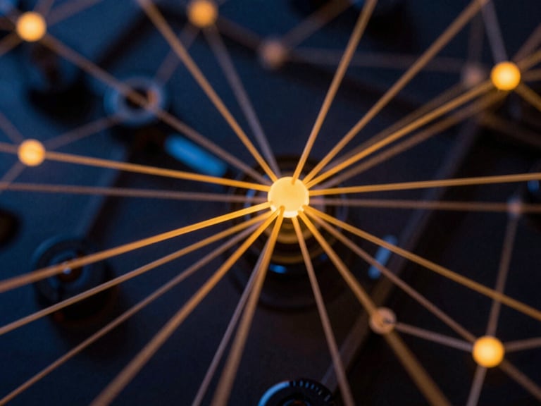 Abstract monochromatic data network with low-key neon amber highlights, macro lens, 35mm
