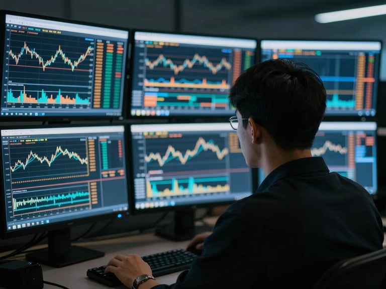 Over-the-shoulder shot of a focused trader analyzing multi-monitor setups with glowing terminal screens displaying complex technical charts, cool blue and amber tones, shallow depth of field, 35mm