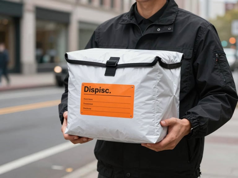 A modern courier in a black uniform holding a sealed white delivery bag with a bold orange dispatch label, standing on a DC street.