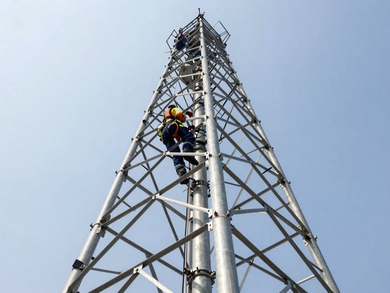 Close-up of a tower technician in PPE, actively rigging equipment on a cell tower, bright high-contrast daylight, steel and sky tones, industrial editorial photography, wide-angle architectural framing