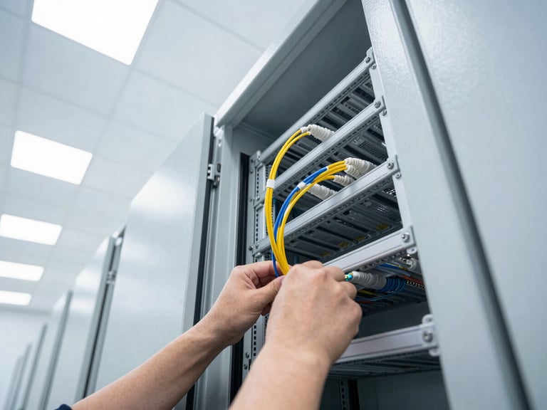 Close-up of a technician's hands working on fiber optic cables inside a network cabinet, clean and structured office environment, bright high-contrast daylight, industrial editorial photography