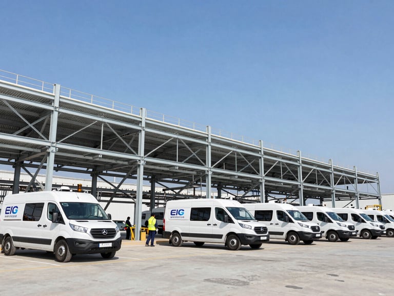Wide environmental shot of branded EIG Wireless fleet vehicles on-site at a small cell installation, technicians visible in PPE, crisp daylight, high-contrast steel and sky tones, industrial editorial photography, wide-angle architectural framing