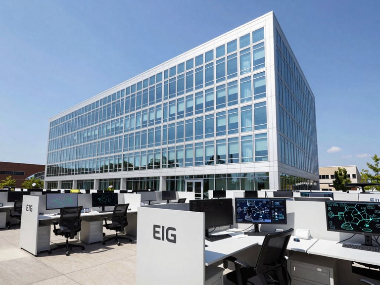 Clean, structured interior shot of the EIG Wireless office headquarters in Charlotte, NC. Modern workstations, large monitors displaying network diagrams, subtle branding. Bright, high-contrast daylight.