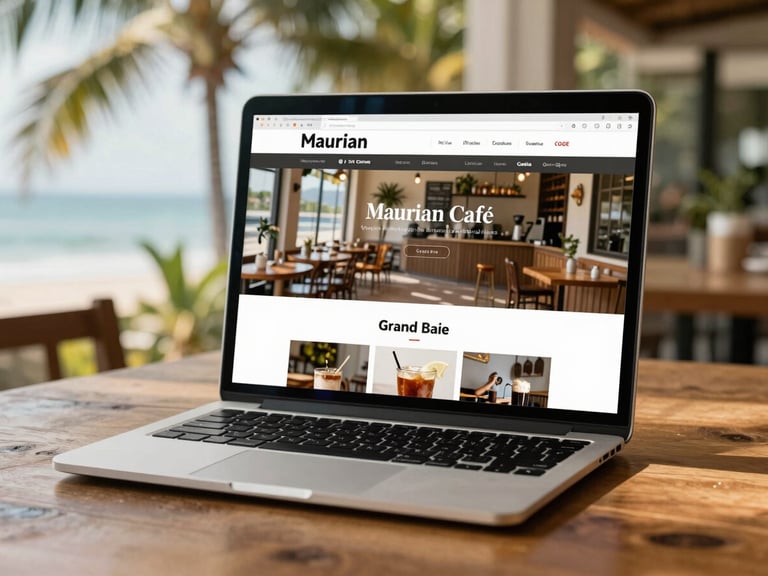 A crisp modern laptop displaying a professional website for a local Mauritian café, shot in bright tropical morning light on a wooden table in Grand Baie