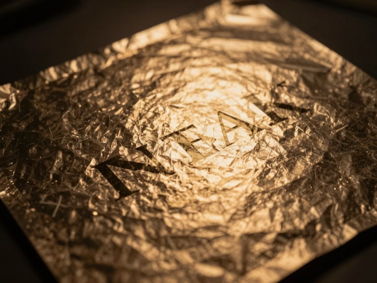 Dramatic close-up of premium metallic-foiled brand assets under warm spotlighting, showcasing rich texture and depth, high contrast.