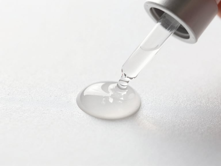 Macro shot of clinical skincare serum droplets on a pristine white surface, sterile clinical lighting.