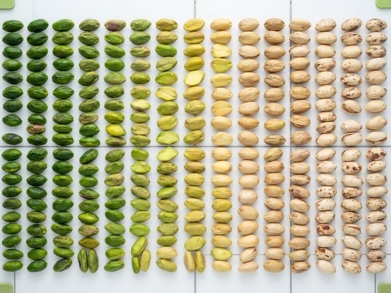 Macro flat-lay of premium graded Iranian pistachio kernels sorted by color intensity on a clinical white laboratory surface, sharp focus, bright studio light.