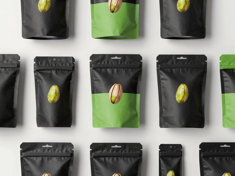 Macro flat-lay of premium stand-up pistachio pouches in matte black and green packaging, clean studio lighting, neutral background