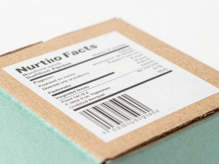 Close-up of a high-resolution barcode and nutrition facts label on a premium cardboard box, clinical studio setting, sharp focus