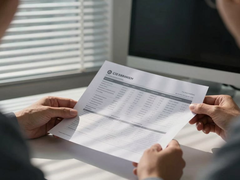 Environmental shot of a consultant sitting at a desk reviewing printed data reports, dusk light through office blinds casting horizontal shadows, old monitor visible in background, focus on the papers in hand, no staged elements