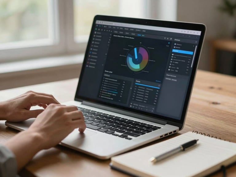 Close-up of hands scrolling through a software dashboard on a laptop, natural daylight from a nearby window, desk surface visible with a paper notebook open beside it, slightly shallow depth of field, no faces