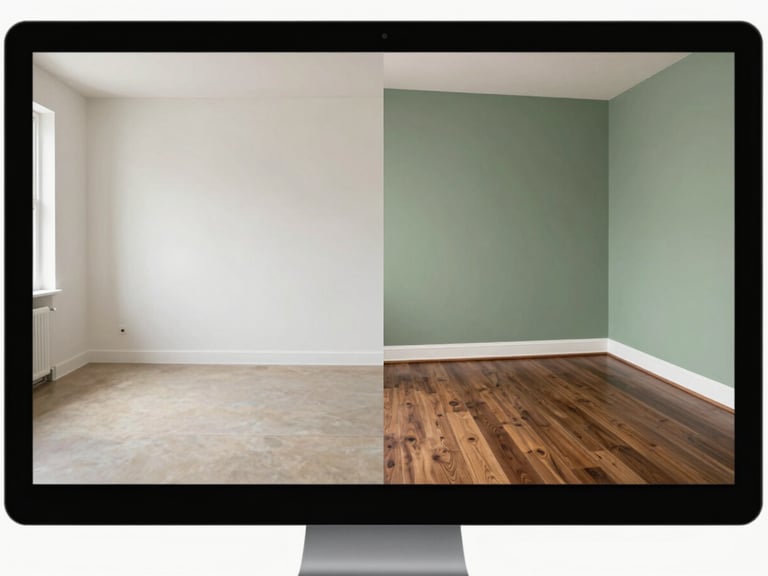 Straight-on split-screen rendering on a monitor: left half shows original empty room with white walls and beige floor, right half shows the same room with sage green painted walls and dark oak flooring applied, soft natural daylight, photorealistic quality, no people