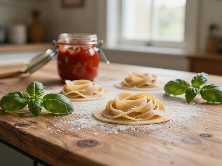 Warm editorial close-up of fresh artisanal pasta, tomato sauce jar, and fresh basil on a rustic wooden counter, soft evening light, shallow depth of field