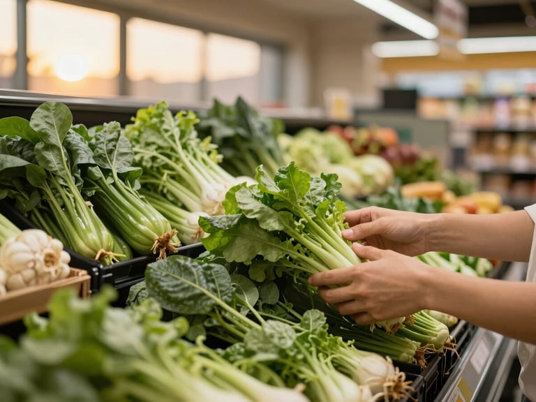 Close-up of hands selecting fresh produce from a well-stocked shelf in a modern grocery store, warm light, clean environment, warm editorial photography, glowing evening window light, rich forest green and beige tones, shallow depth of field, 35mm.