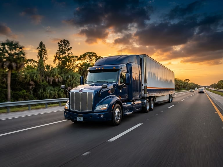 Wide-angle crisp commercial photography of a modern semi-truck moving on a Florida highway during golden hour, high contrast navy and orange tones