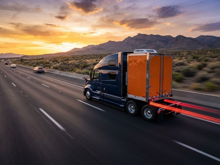 A modern semi-truck moving at speed on a wide American highway during golden hour, long exposure tail lights, crisp commercial photography, high contrast navy and orange tones.