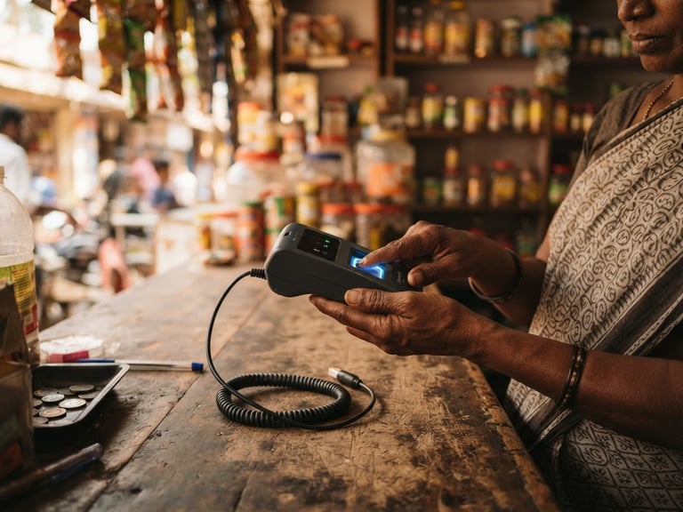 Medium close-up of hands holding a biometric AEPS terminal on a wooden shop counter, warm ambient light from a local Indian kirana store, shallow depth of field, 35mm lens