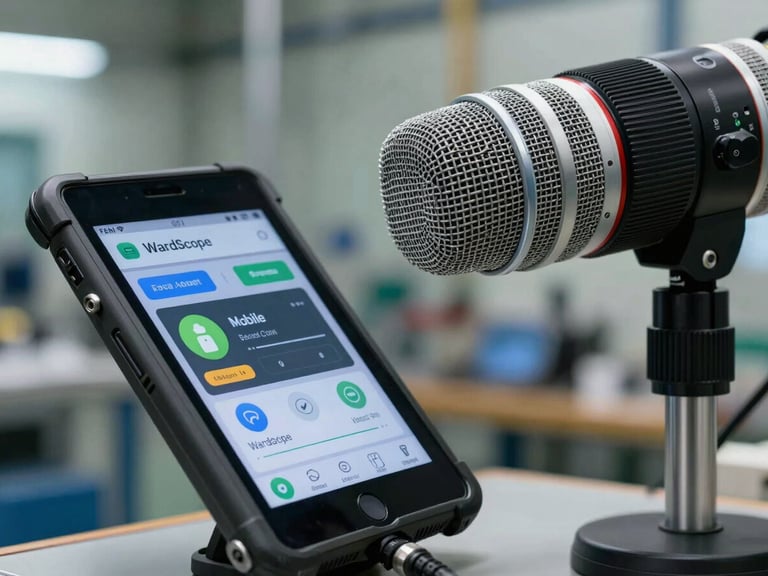 Macro close-up of a calibrated measurement microphone connected to a ruggedized Android tablet running WardScope Mobile in an industrial plant.