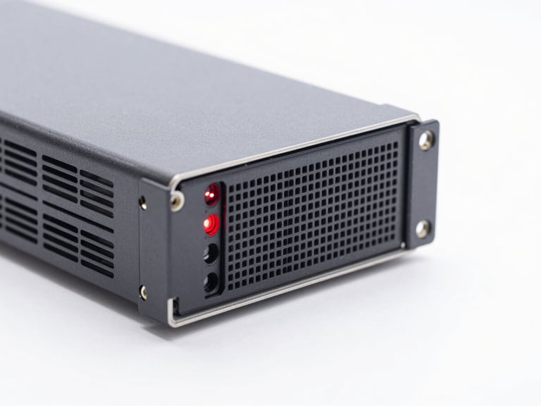Macro close-up of high-end server hardware, bright high-key studio light, crisp shadows, pure white backdrop, sharp red status light, 50mm