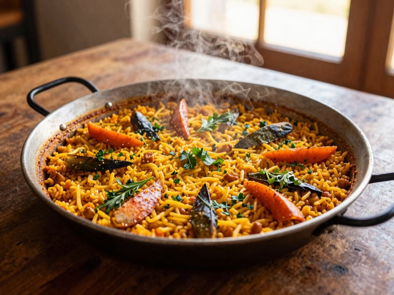 Overhead shot of a paella pan filled with vibrant vegetable rice, steam rising, fresh herbs, natural golden light, rustic table.
