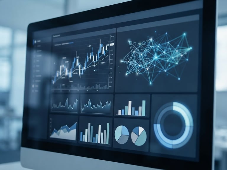 Clean macro shot of a secure web portal interface showing data-driven dashboard panels, cool office daylight with subtle blue ambient accents, professional, 35mm