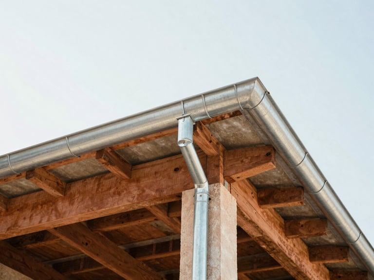 Low-angle shot looking up at a roofline showing exposed structural beams and new zinc gutters, bright daylight, 35mm