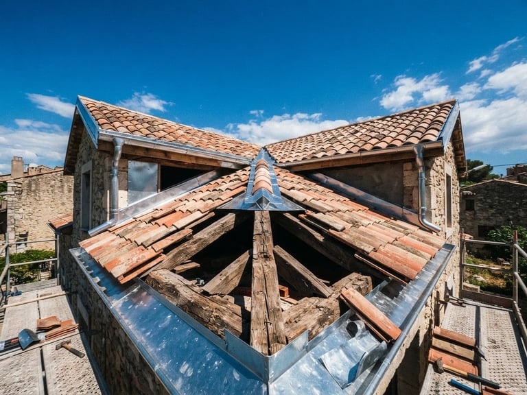 Wide shot looking up at a partially renovated terracotta roof against a bright Mediterranean sky, exposed wooden beams and new zinc flashing, rugged documentary photography, 35mm
