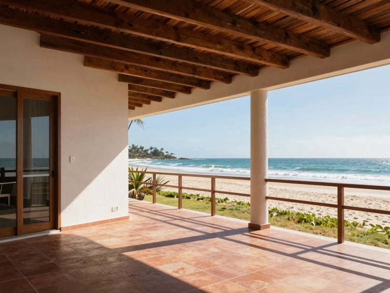 Wide shot of a modern coastal Bahian beach house porch, bright natural sunlight casting sharp shadows, clean terracotta tile floor, ocean visible in the background.