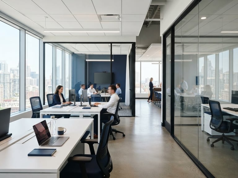 Bright modern office interior with clean glass partitions reflecting natural light, pristine desks, corporate navy accents, sharp focus, 35mm