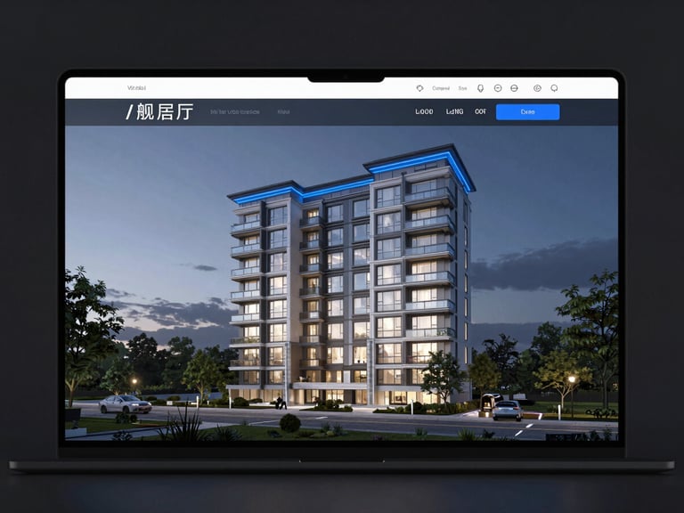 Frontal view of an interactive real estate website on a dark screen, displaying a photorealistic 3d apartment render with a virtual tour interface, electric blue highlights, dark background