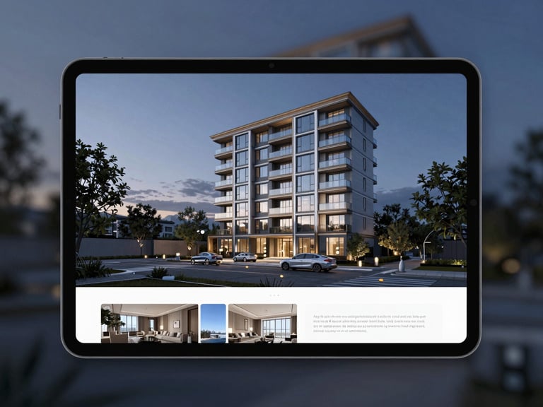 Photorealistic 3d architectural render of a modern luxury apartment living room, dramatic twilight lighting, cool blue and dark gray tones, visible on a premium tablet mockup showing a web interface with interactive navigation hotspots