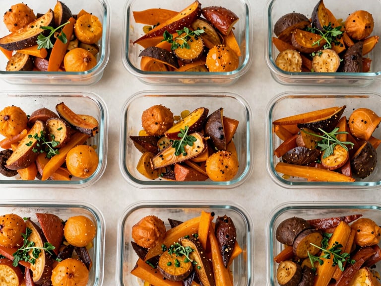 Overhead flatlay of elegant glass containers filled with colorful, organized batch cooking prep, roasted root vegetables, fresh herbs, warm cream background.