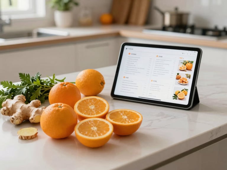 A modern, bright kitchen workspace with fresh, vibrant ingredients like citrus fruits, ginger, and green herbs arranged next to a clean tablet showing a menu layout.
