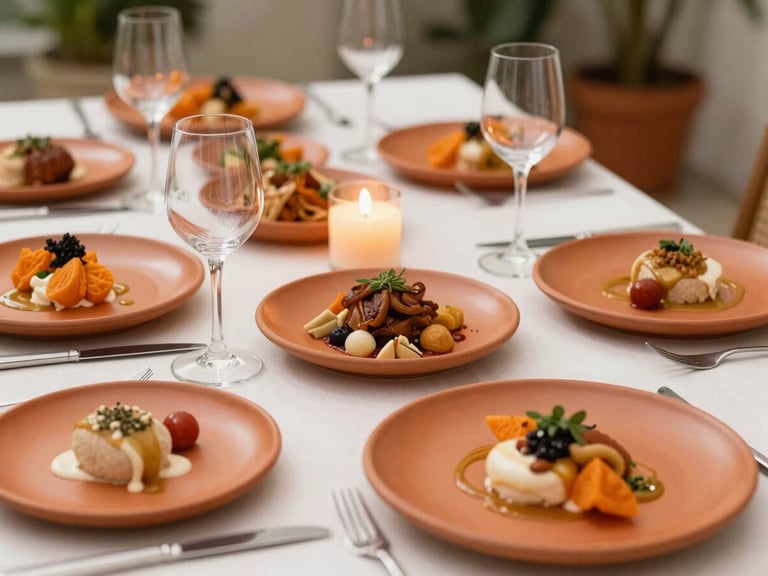 A table set and dishes prepared by a personal chef for a private dinner.