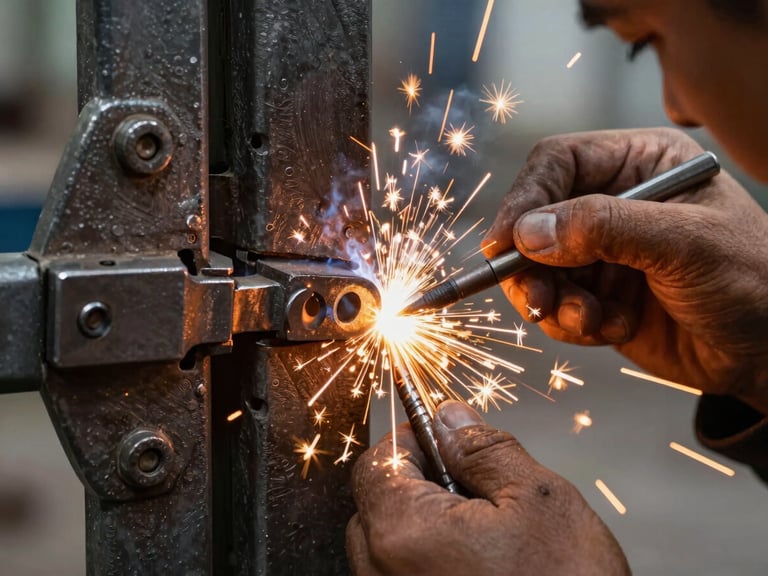 Tight macro shot of a technician welding a heavy iron gate hinge, brilliant orange sparks flying, crisp work-light illumination highlighting metallic textures.