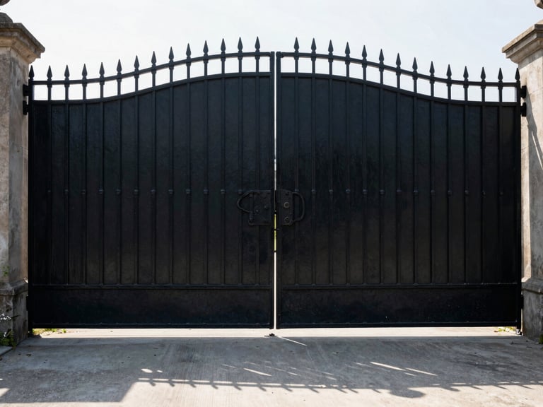 Wide symmetrical shot of a heavy black iron estate gate, high-contrast midday sun casting sharp geometric shadows on concrete