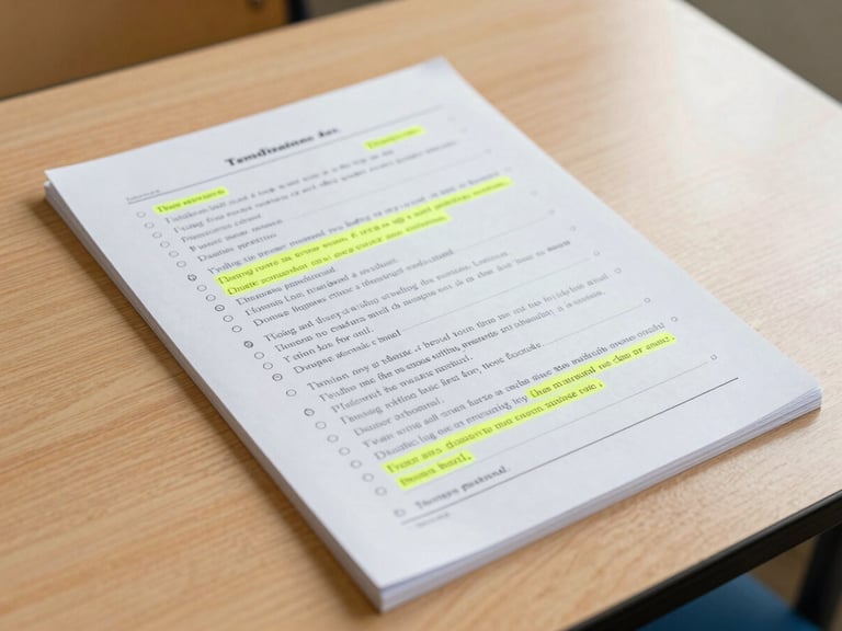 An overhead shot of a printed reading worksheet with handwritten margin symbols and yellow highlighter marks over key vocabulary, resting on a clean wooden school desk, soft natural morning light.