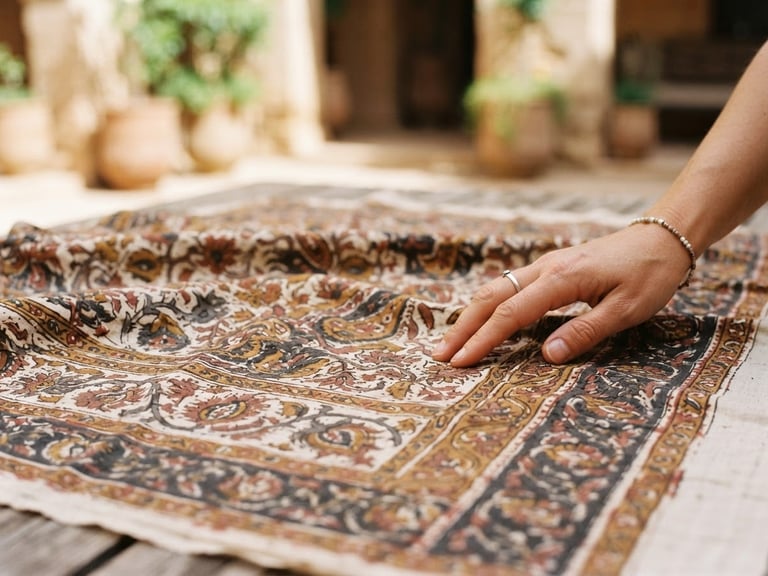 Close-up of intricate hand-block printed cotton fabric, warm editorial photography, soft natural courtyard daylight, rich textile textures, warm earth tones, shallow depth of field, 35mm, with a woman's hand gently touching it on the right side.