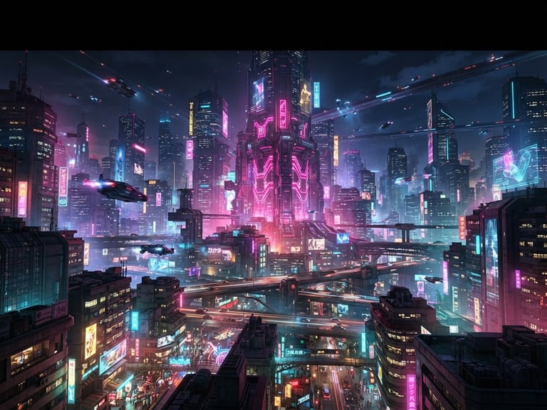 vibrant digital animation still, dramatic cinematic lighting, rich saturated tones, crisp high-fidelity render of a futuristic skyline with neon pink accents